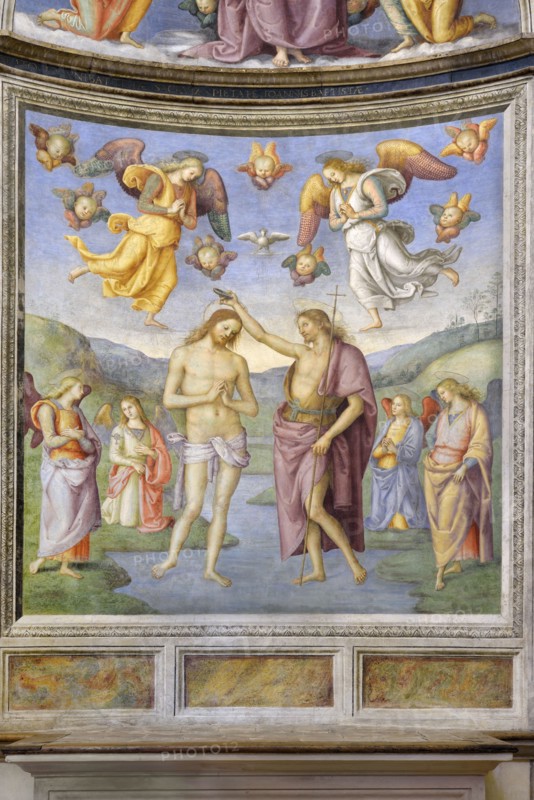 Foligno (Italy, Umbria, province of Perugia), Oratory of the Nunziatella. Perugino, Baptism and the Eternal Adored by two angels, fresco. Detail