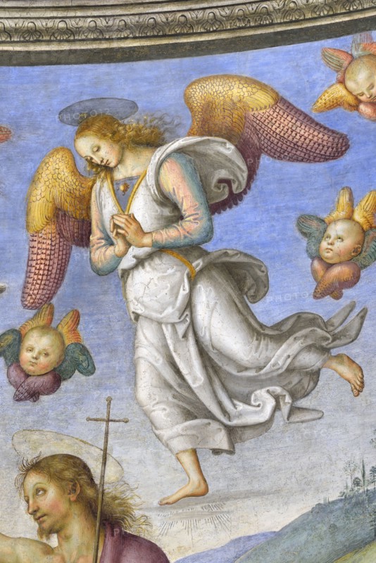 Foligno (Italy, Umbria, province of Perugia), Oratory of the Nunziatella. Perugino, Baptism and the Eternal Adored by two angels, fresco. Detail