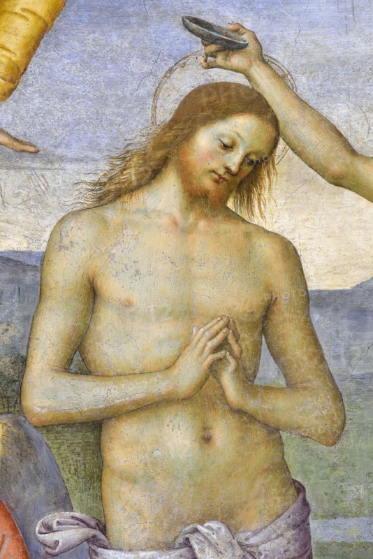Foligno (Italy, Umbria, province of Perugia), Oratory of the Nunziatella. Perugino, Baptism and the Eternal Adored by two angels, fresco. Detail