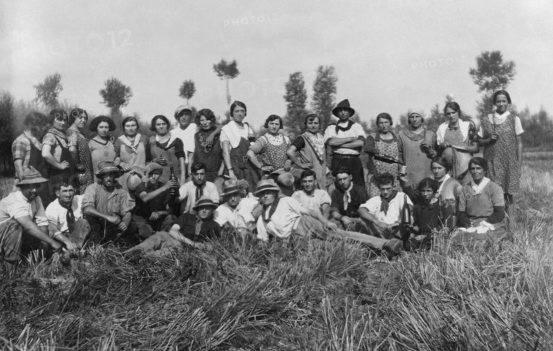 avec les conquêtes coloniales du début des années 30, une grande campagne de propagande a donné le coup d'envoi de la "bataille du blé" pour l'autosuffisance alimentaire. des choix qui s'avéreront totalement insuffisants pour résoudre les problèmes causés par la grave crise économique. la photo montre un arrêt pendant la récolte. 1933