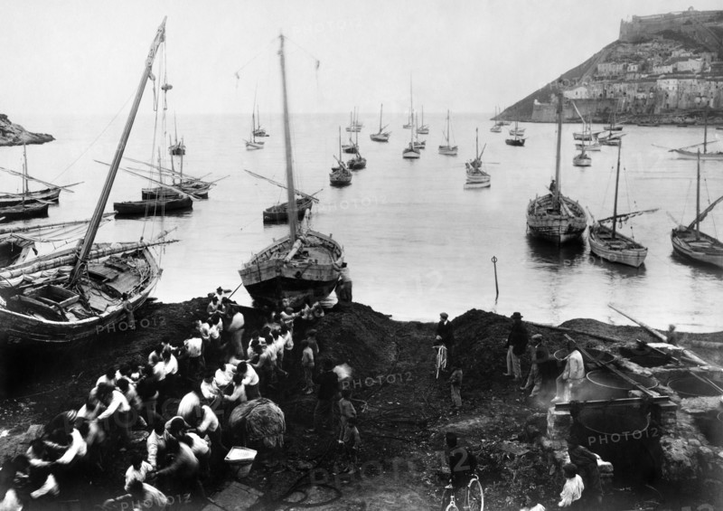 europe, italie, toscane, porto ercole, un groupe de pêcheurs tire une paranza à terre, 1900 1910