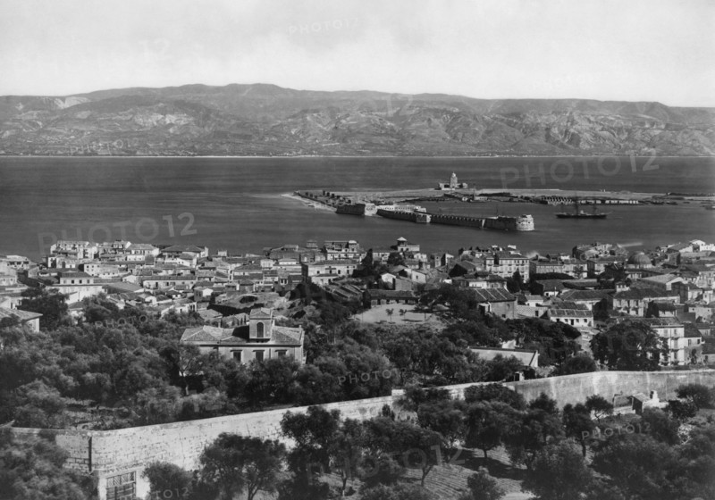 italie, sicile, messine, panorama avec vue sur la calabre, 1910