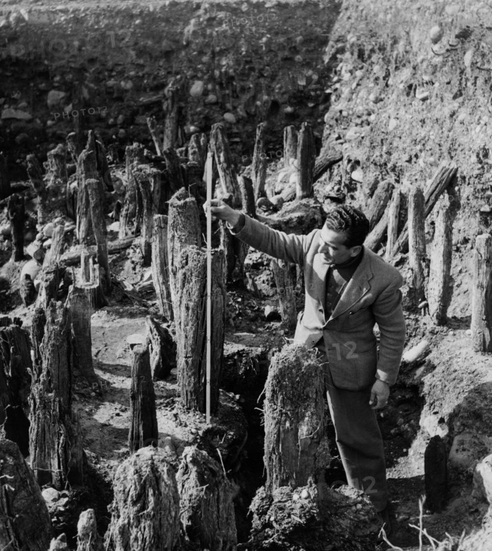 vestiges d'une habitation sur pilotis sur le mincio à isolone, 1957
