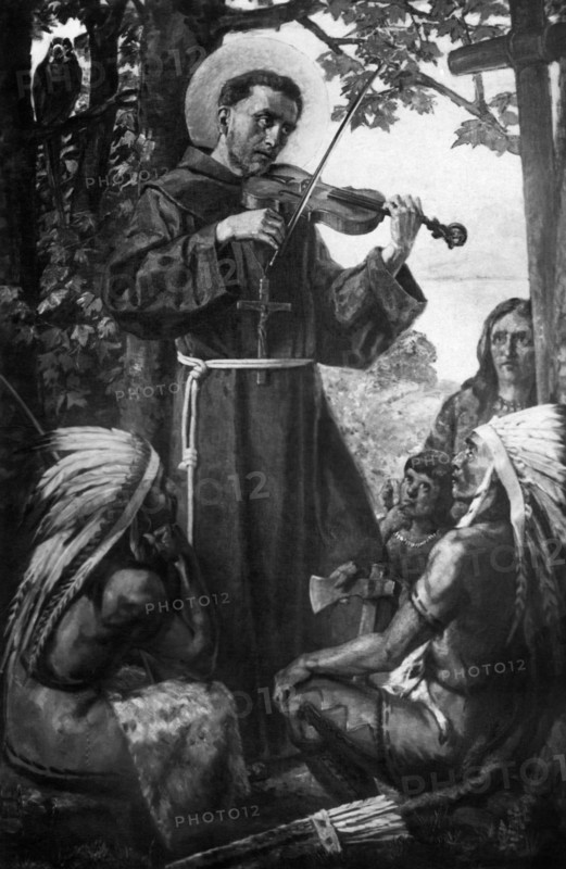 St. Francis Solan teaches music to the natives of southern America. engraving from the 1800s
