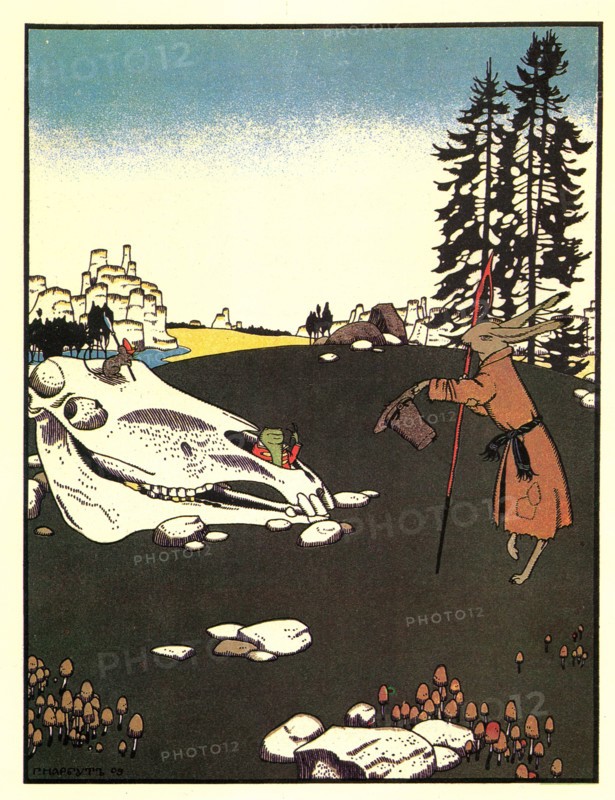 Hare faces a horse's skull in which it has a mouse and frog.