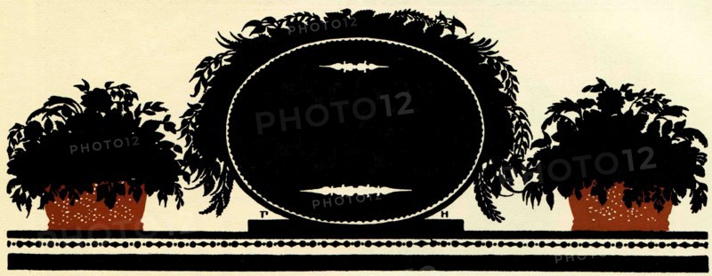 Black oval plaque for inscription flanked by two planters with flowers.