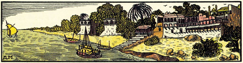 Sailing ship and palace in a beautiful garden.