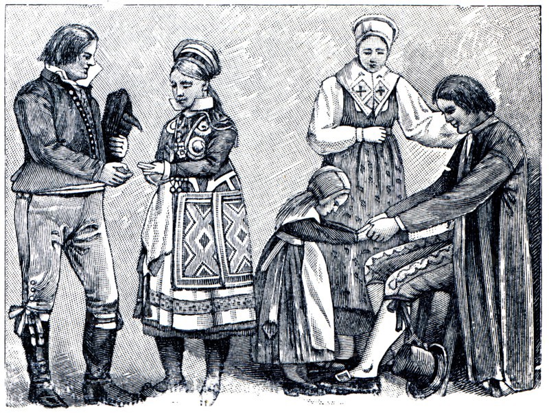 Bride and groom and peasant family in the Swedish national costumes.