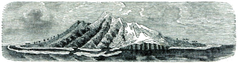 Volcanic island surrounded by a barrier and coral reefs.