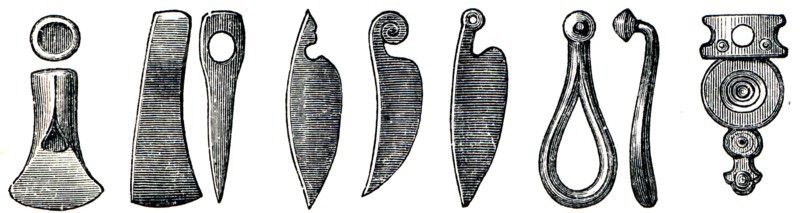 Iron axes, knives and hooks.