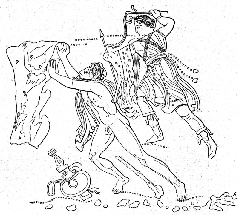 Sisyphus, westering stone up the hill, and one of Erin, drawing on the vase from Canosa, Munich.