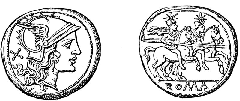 Head the goddess Roma, Castor and Pollux, Roman denarius.