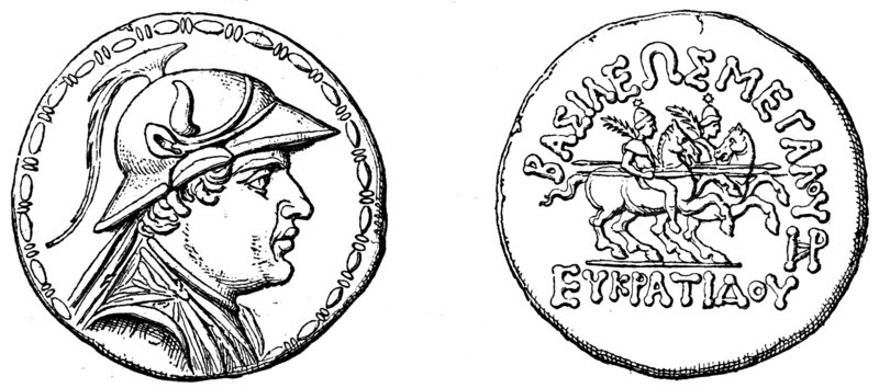 King, Castor and Pollux, Tetradrahmon of Bactrian king Evkratid.
