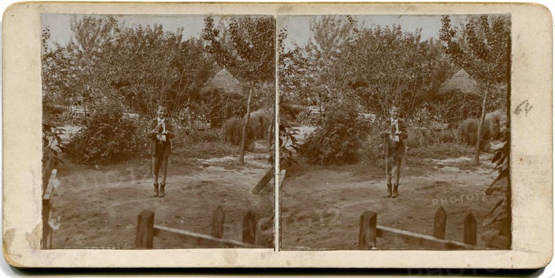 A stereo, a boy stands in the yard and holding a falcon.