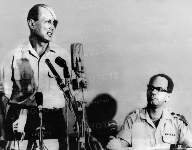 General Moshe Dayan at left, after a visit to Sinai.