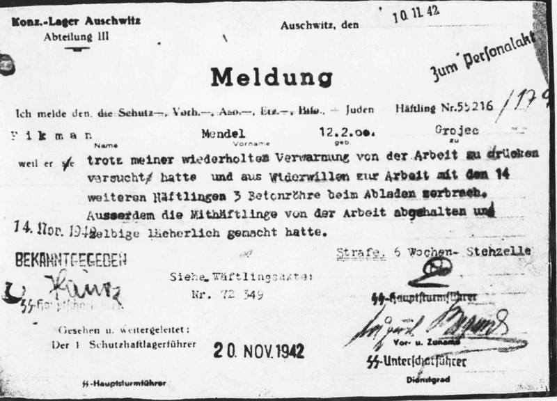 Punishment Order For An Internee In The Auschwitz Camp.