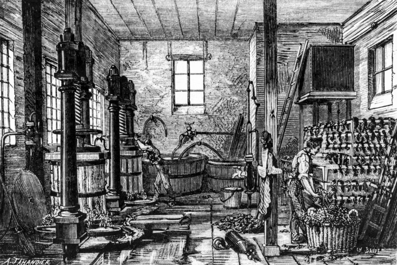 Antique engraving of a tobacco manufactory