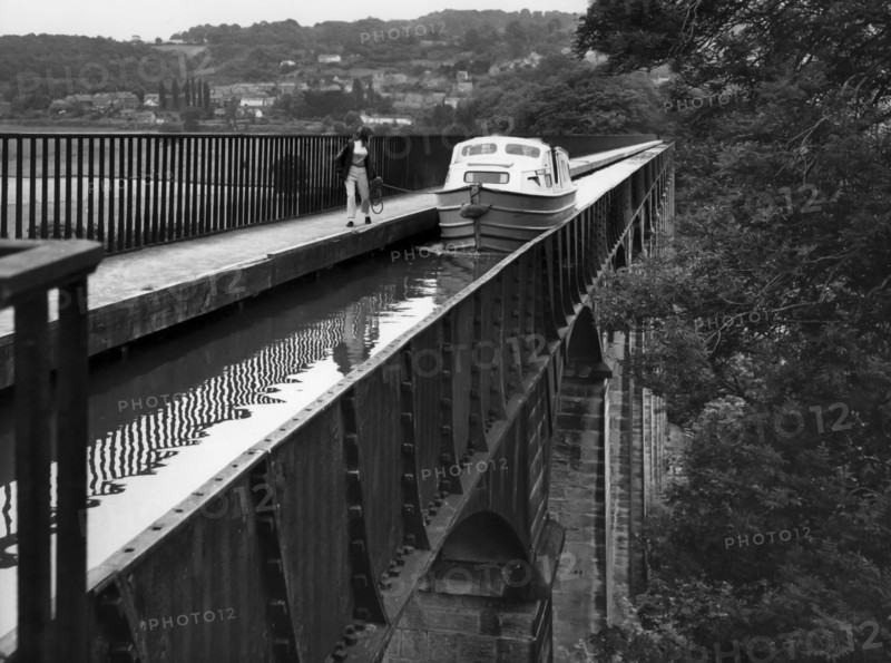 Canal barge crossing Telford's Pontcysyllte viaduct, near Llangollen, Wales, uk, 80's