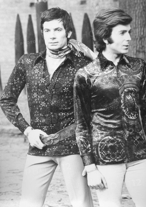 1970's style clothes,  two men during a photo shooting