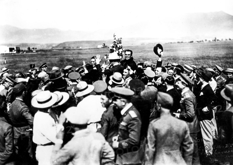 Ferrarin and Del Prete are carried in triumph by the crowd after completing his world record of   duration, Rome 1928