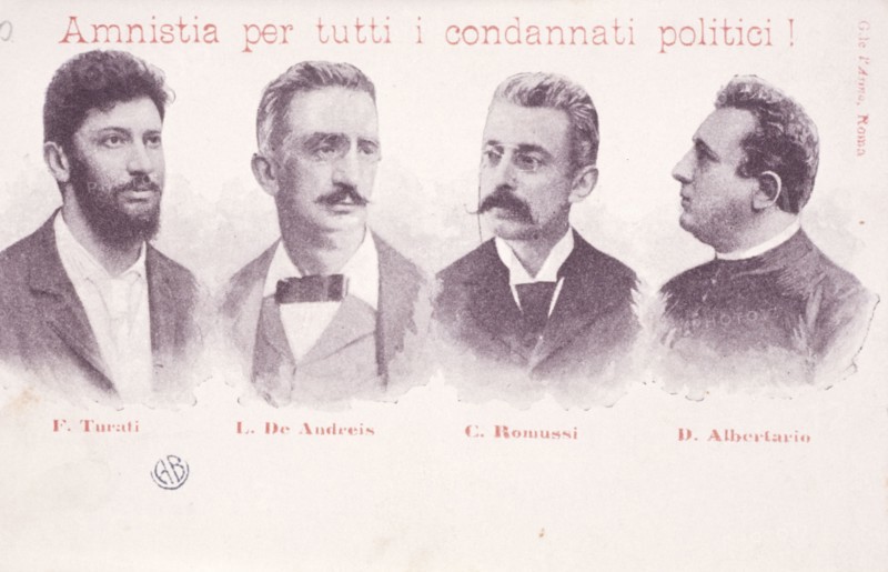 Postcard published to seek amnesty for those arrested for political uprisings of 1898, filippo turati, luigi de andreis, c. Romussi, davide Albertario