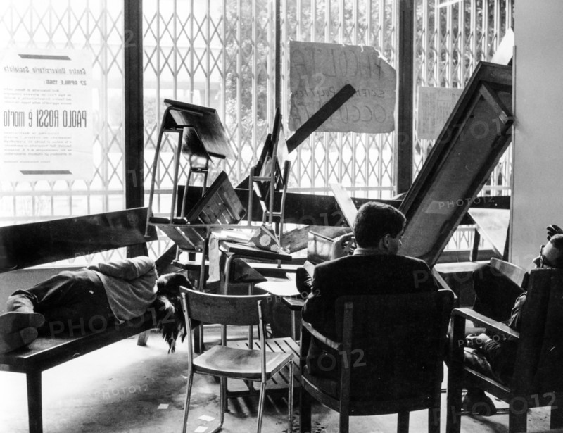 Student occupation after the killing of the student paolo rossi, protesters barricaded at the University of Rome, 1966