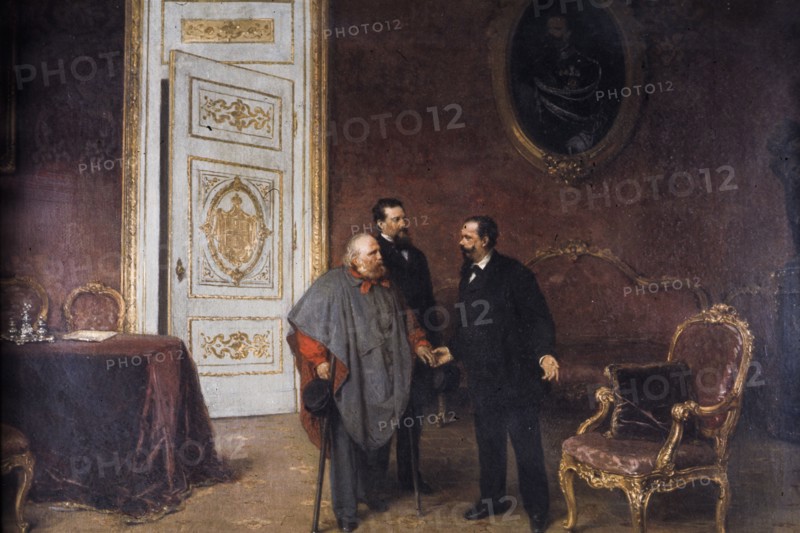 Giuseppe garibaldi and general giacomo medici meet re vittorio emanuele II., by gerolamo induno, XIX century
