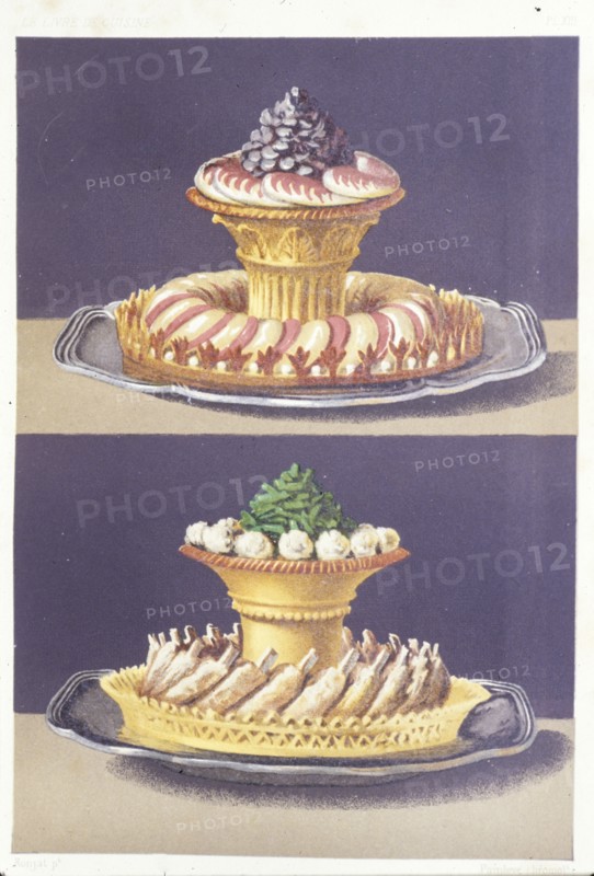 Illustration painted by marcel ronjat for the cookbook le livre de cuisine by the chef jules gouffe, 1867
