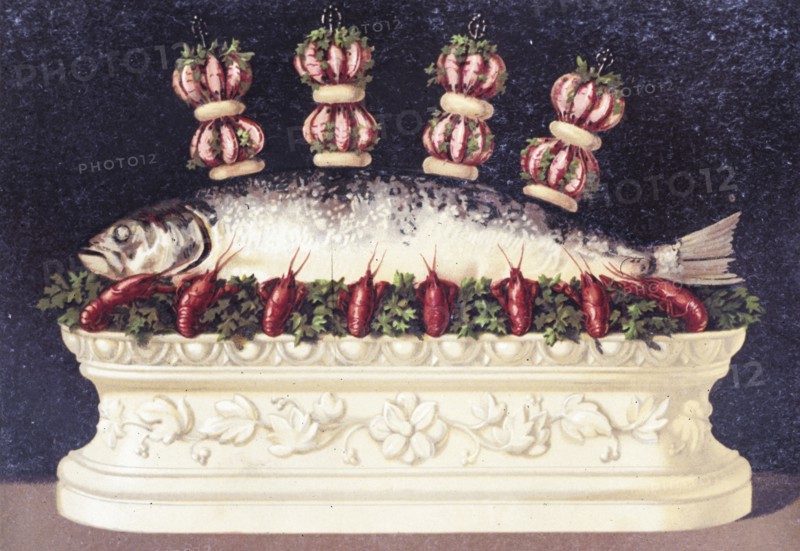 Illustration painted by marcel ronjat for the cookbook le livre de cuisine by the chef jules gouffe, 1867