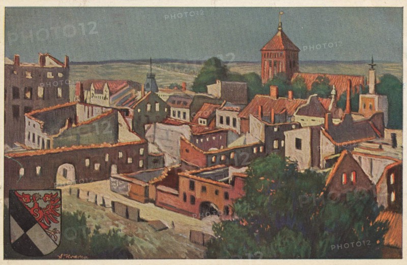 Church and ruins, Goldap, German Goldap, small town in Polish Warmia-Masuria Voivodeship, formerly East Prussia, Germany, view from c. 1910, digital reproduction of a public domain postcard.