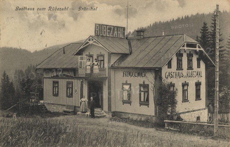 Gasthaus zum Rübezahl, Grünthal, Silesia, view from ca 1910, digital reproduction of a public domain postcard.