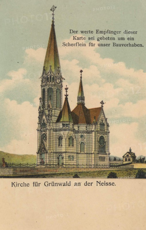 Church for Grünwald an der Neisse, Germany, Mseno nad Nisou is today a district of the town of Jablonec nad Nisou in the Czech Republic, view from ca 1910, digital reproduction of a public domain postcard.