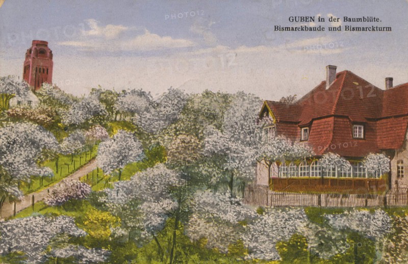 Bismarck building and Bismarck tower in Guben during tree blossom, in the district of Spree-Neiße in Lower Lusatia, Brandenburg, Germany, view from ca 1910, digital reproduction of a public domain postcard.
