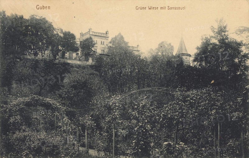 Meadow with Sanssouci, Guben, in the district of Spree-Neiße in Lower Lusatia, Brandenburg, Germany, view from about 1910, digital reproduction of a public domain postcard.
