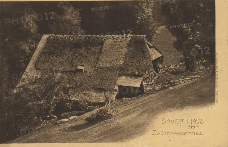 Farmhouse near the Zwerry waterfall, Zweribach waterfalls are located 20 kilometers east of Freiburg in a part of the Upper Black Forest, Baden-Württemberg, Germany, view from c. 1910, digital reproduction of a public domain postcard.
