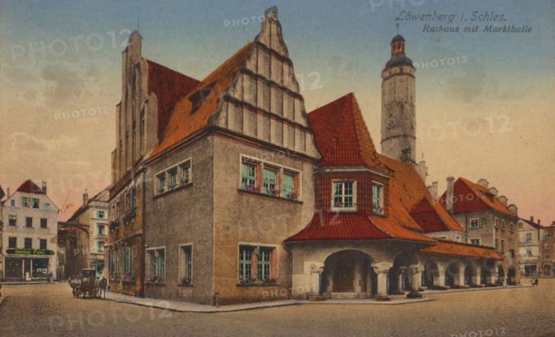 Town hall of Löwenberg in Silesia, today Lwowek Slaski, town of the Lower Silesian Voivodeship in Poland, view from ca 1910, digital reproduction of a public domain postcard.