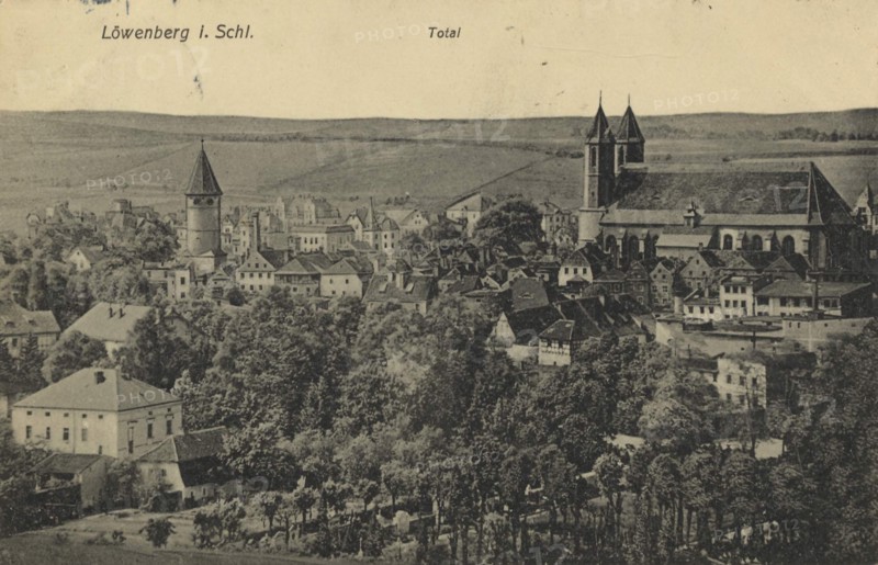 Löwernberg in Silesia, today Lwowek Slaski, town of the Lower Silesian Voivodeship in Poland, view from ca 1910, digital reproduction of a public domain postcard.