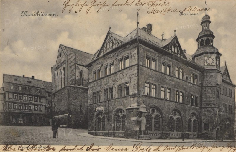 Town hall of Nordhausen, Thuringia, Germany, view from ca 1910, digital reproduction of a public domain postcard.