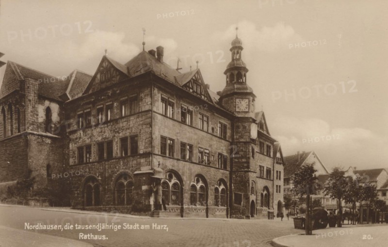 Town hall of Nordhausen, Thuringia, Germany, view from ca 1910, digital reproduction of a public domain postcard.