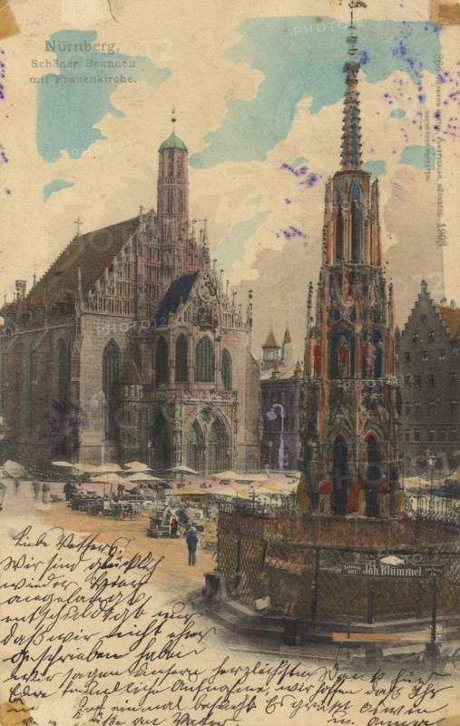 Beautiful fountain and Church of Our Lady in Nuremberg, Middle Franconia, Bavaria, Germany, view from about 1910, digital reproduction of a public domain postcard.