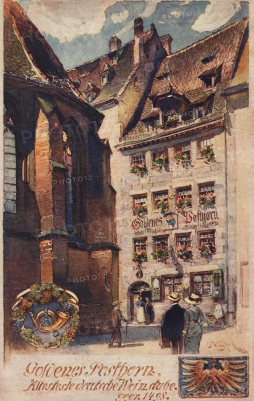 Wine tavern Goldenes Posthorn in Nuernberg, Middle Franconia, Bavaria, Germany, view from about 1910, digital reproduction of a public domain postcard.