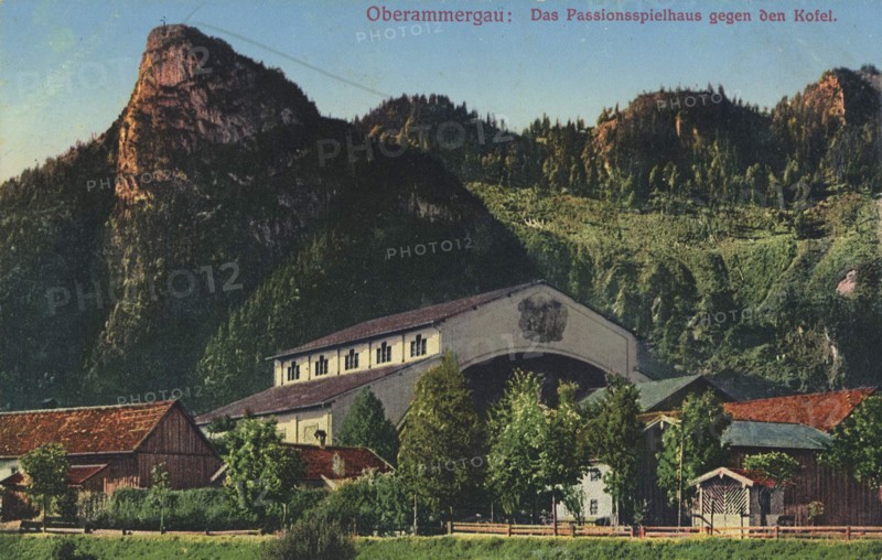 Passion Playhouse in Oberammergau, district of Garmisch-Partenkirchen, Upper Bavaria, Germany, view from ca 1910, digital reproduction of a public domain postcard.