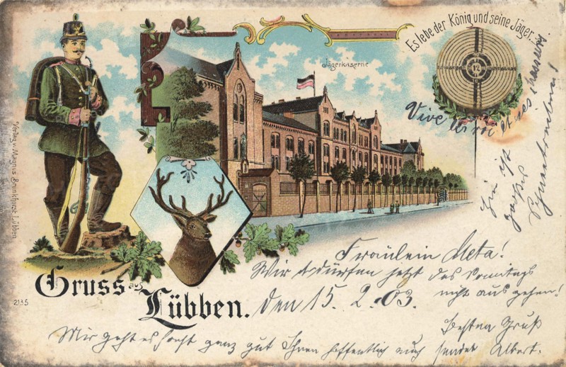 Lübben, Jägerkaserne, district of Dahme-Spreewald in the Lower Lusatia region of Brandenburg, Germany, view from ca 1910, digital reproduction of a public domain postcard.