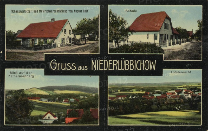Niederlübbichow near Cedynia, German Zehden, Powiat Greifenhagen, Voivodeship West Pomerania, Poland, view from c. 1910, digital reproduction of a public domain postcard.