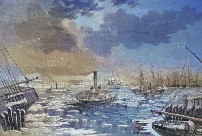 Pack ice impedes shipping traffic in New York harbor in 1869
