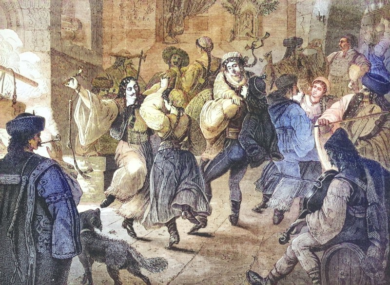 Dance at carnival in a village inn