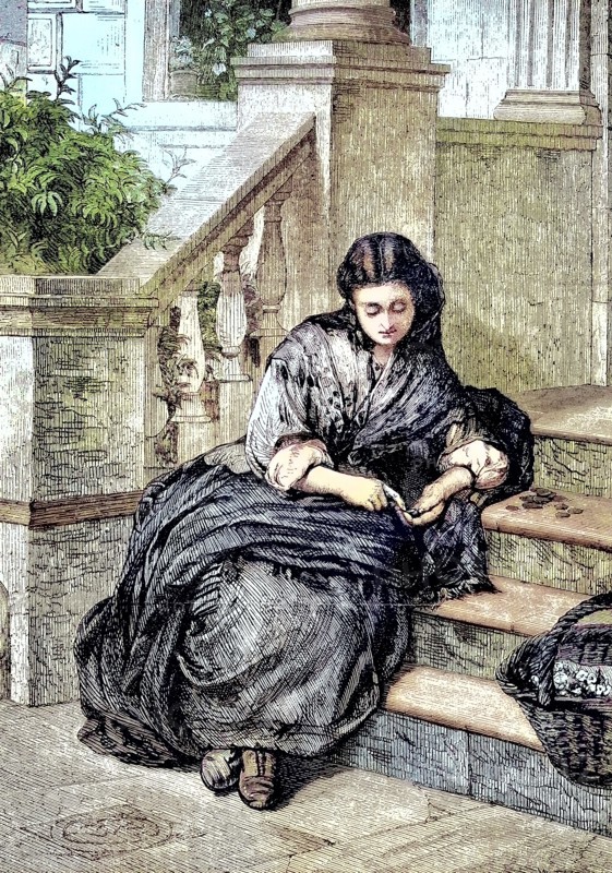 the flower seller sits on a troupe and counts her earnings