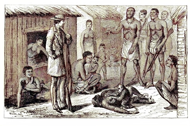 Natives standing in front of a hunter who shot a gorilla that had a cub