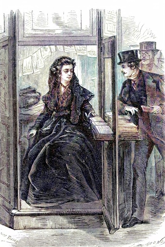 Newspaper seller in a small kiosk in 1869
