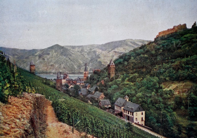 View of Bacharach and Stahleck from the Steegertal valley in 1910, Rhineland-Palatinate, Germany, photograph, digitally restored reproduction of an original artwork from the early 20th century, exact original date unknown.
